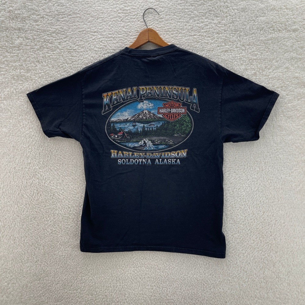 Vintage Harley Davidson Shirt Mens L Black Alaska Eagle Wolf Nature Biker Hog - Picture 2 of 9